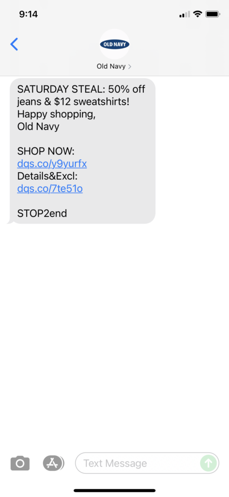 Old Navy Text Message Marketing Example - 09.25.2021