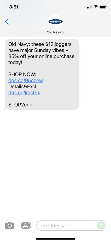 Old Navy Text Message Marketing Example - 09.26.2021