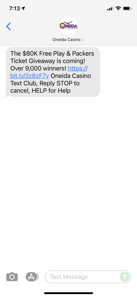 Oneida Casino Text Message Marketing Example - 09.21.2021