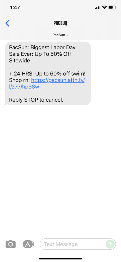 PacSun Text Message Marketing Example - 08.30.2021