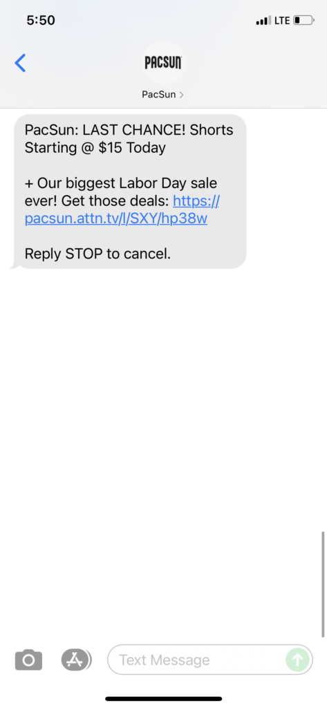 PacSun Text Message Marketing Example - 09.01.2021