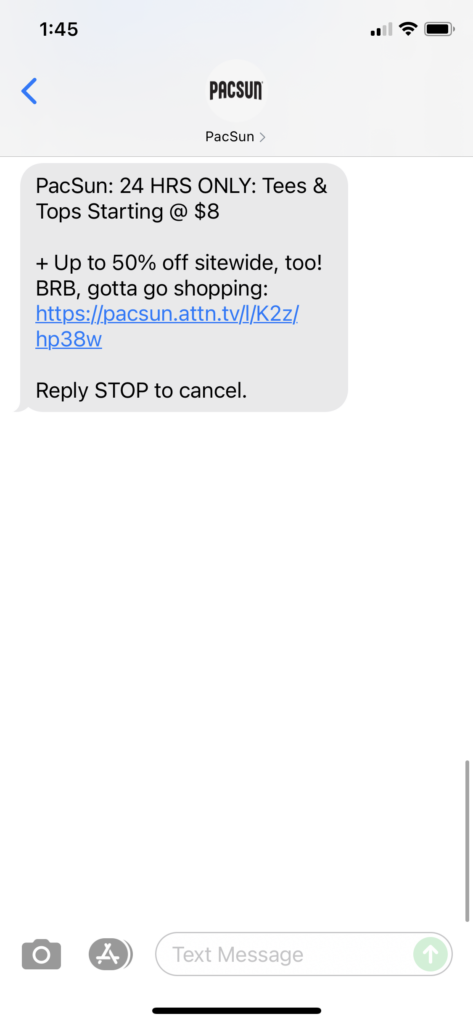 PacSun Text Message Marketing Example - 09.02.2021