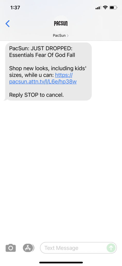 PacSun Text Message Marketing Example - 09.03.2021