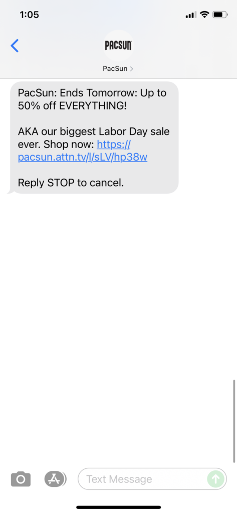 PacSun Text Message Marketing Example - 09.05.2021