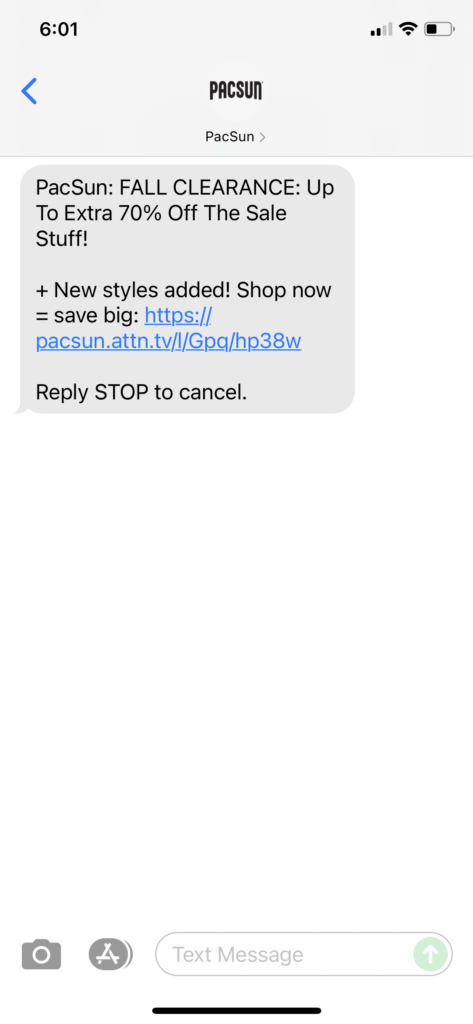 PacSun Text Message Marketing Example - 09.07.2021