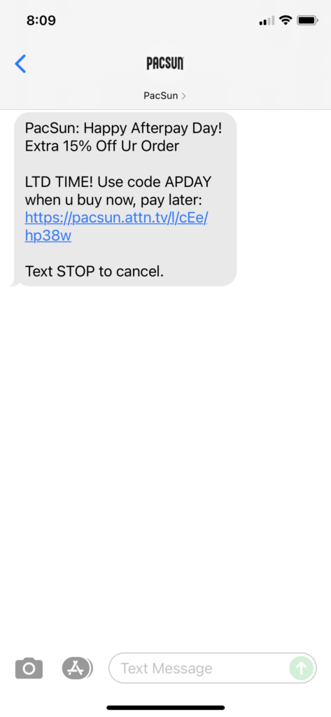PacSun Text Message Marketing Example - 09.09.2021