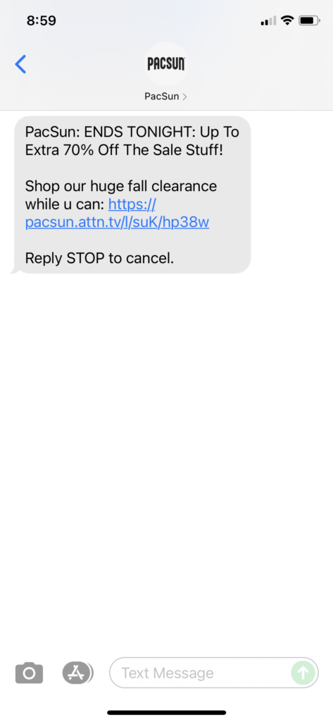PacSun Text Message Marketing Example - 09.15.2021
