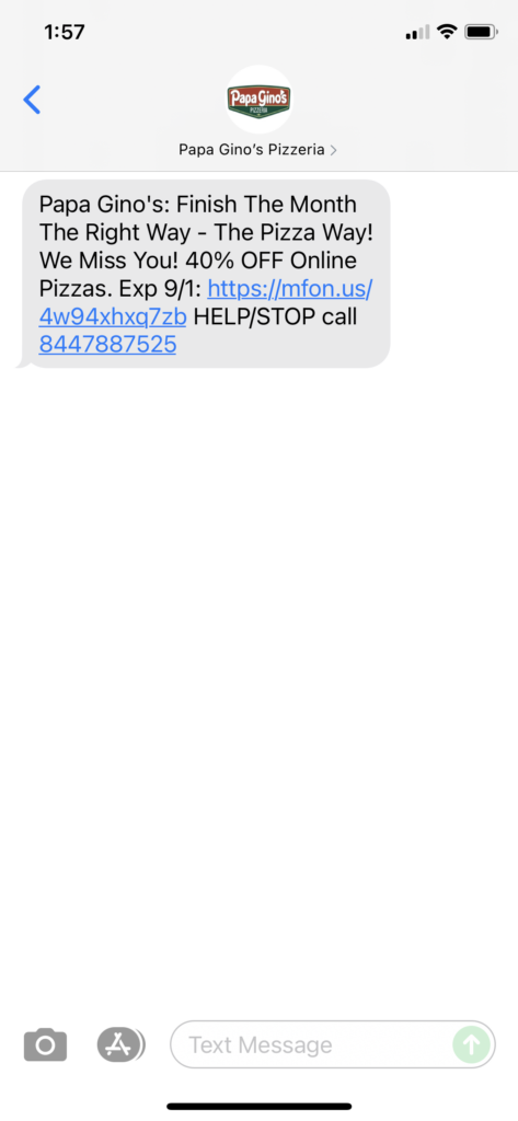 Papa Gino's Text Message Marketing Example - 08.31.2021