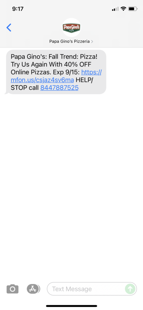 Papa Gino's Text Message Marketing Example - 09.14.2021