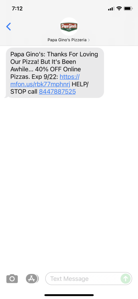Papa Gino's Text Message Marketing Example - 09.21.2021