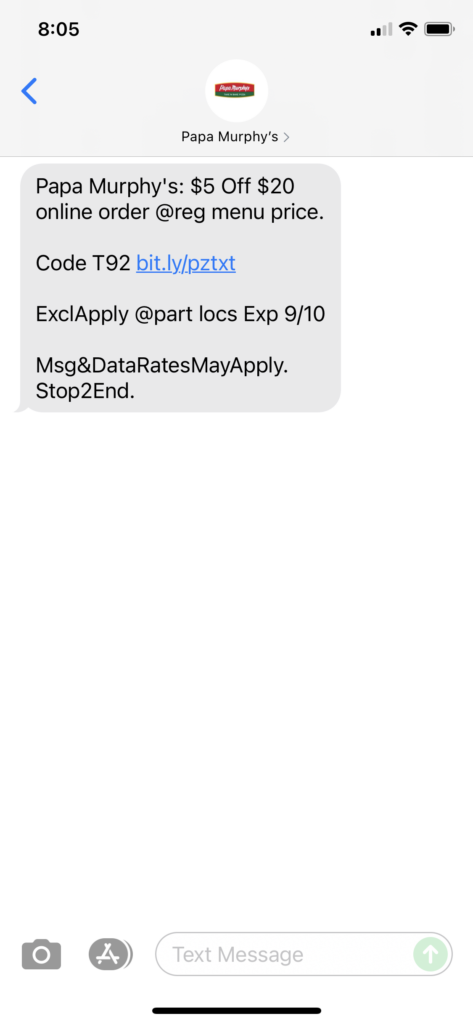 Papa Murphy's Text Message Marketing Example - 09.09.2021