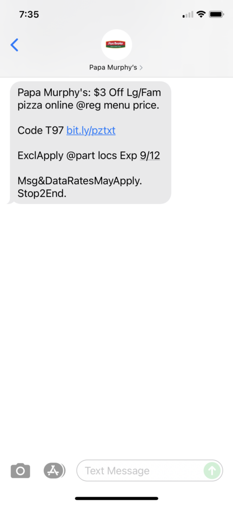 Papa Murphy's Text Message Marketing Example - 09.11.2021