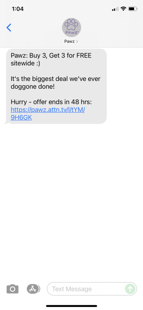 Pawz Text Message Marketing Example - 09.05.2021