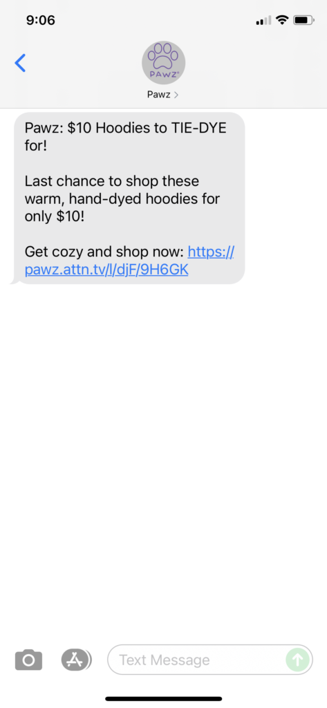 Pawz Text Message Marketing Example - 09.14.2021