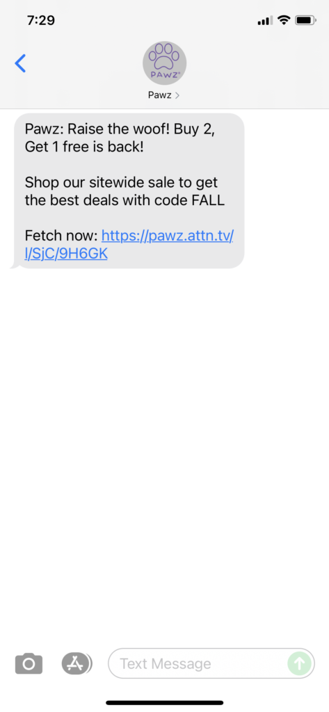 Pawz Text Message Marketing Example - 09.19.2021