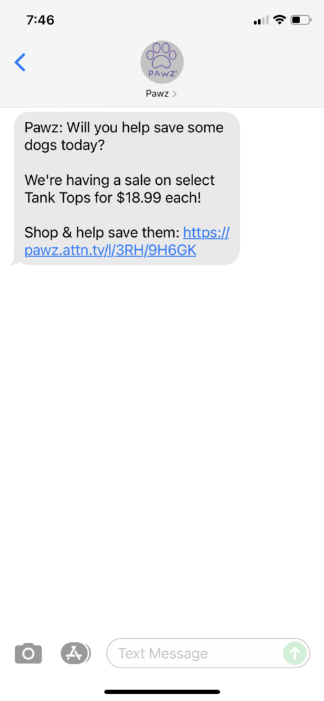 Pawz Text Message Marketing Example - 09.22.2021