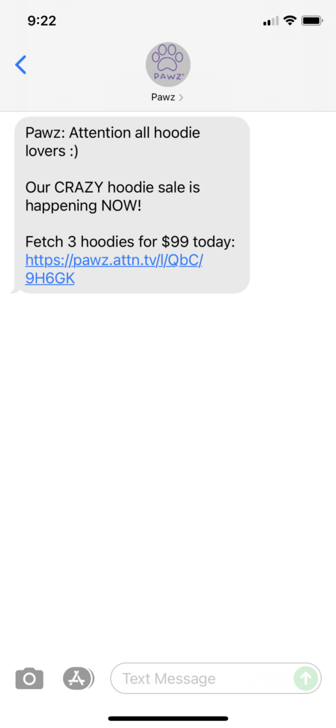 Pawz Text Message Marketing Example - 09.24.2021