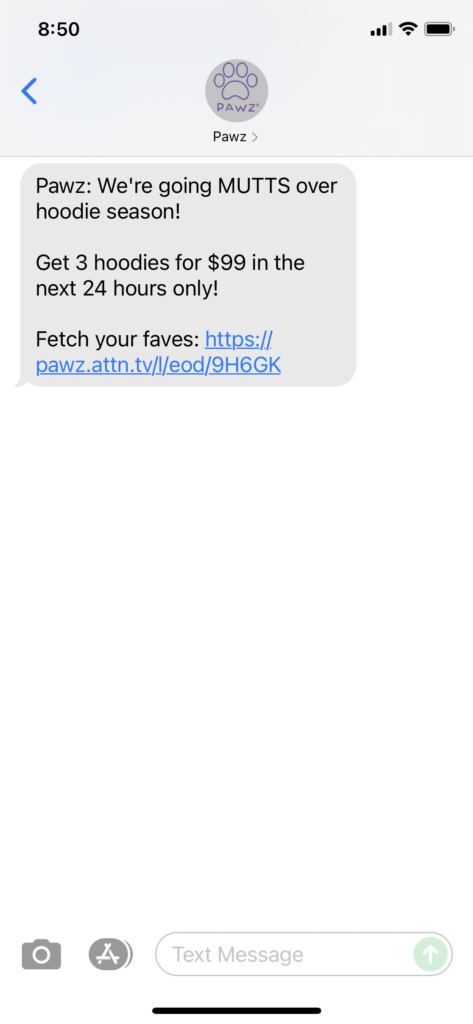 Pawz Text Message Marketing Example - 09.26.2021
