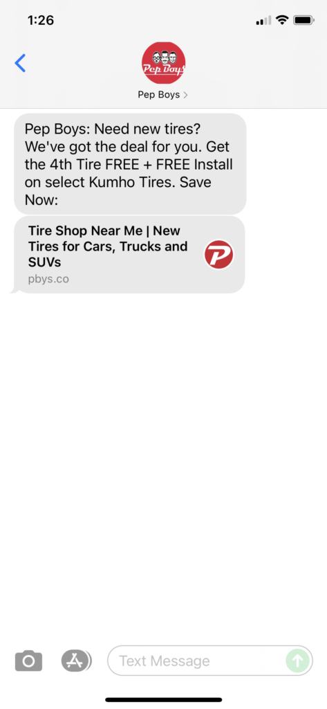 Pep Boys Text Message Marketing Example - 09.03.2021