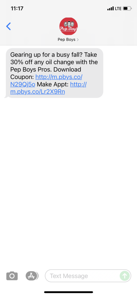 Pep Boys Text Message Marketing Example - 09.17.2021