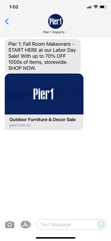 Pier 1 Text Message Marketing Example - 09.05.2021