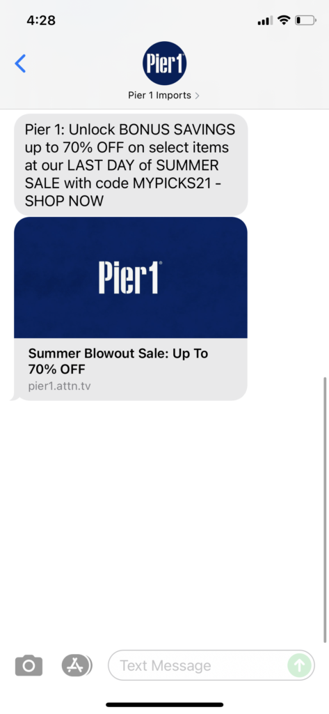 Pier 1 Text Message Marketing Example - 09.21.2021