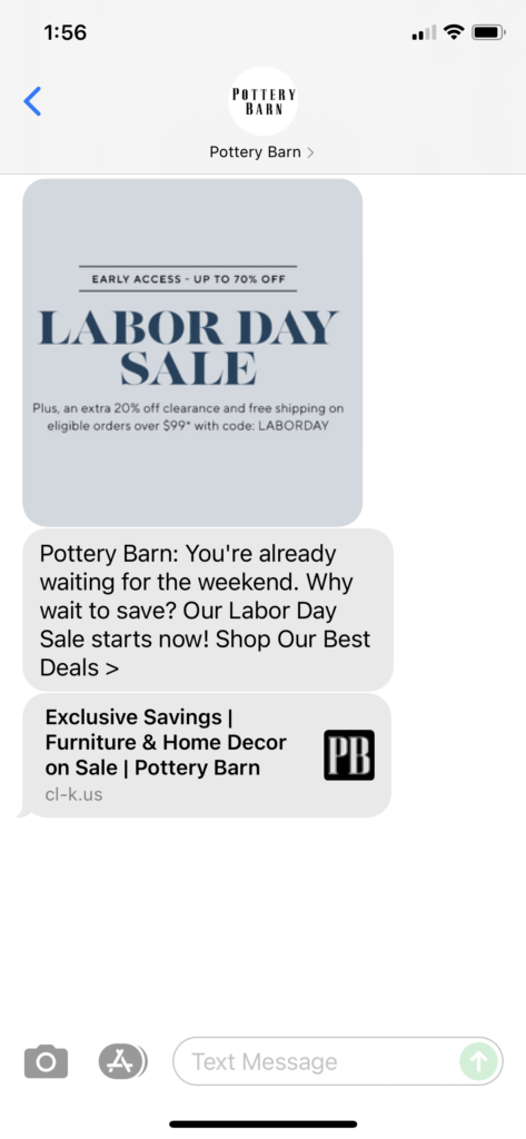 Pottery Barn Text Message Marketing Example - 08.31.2021