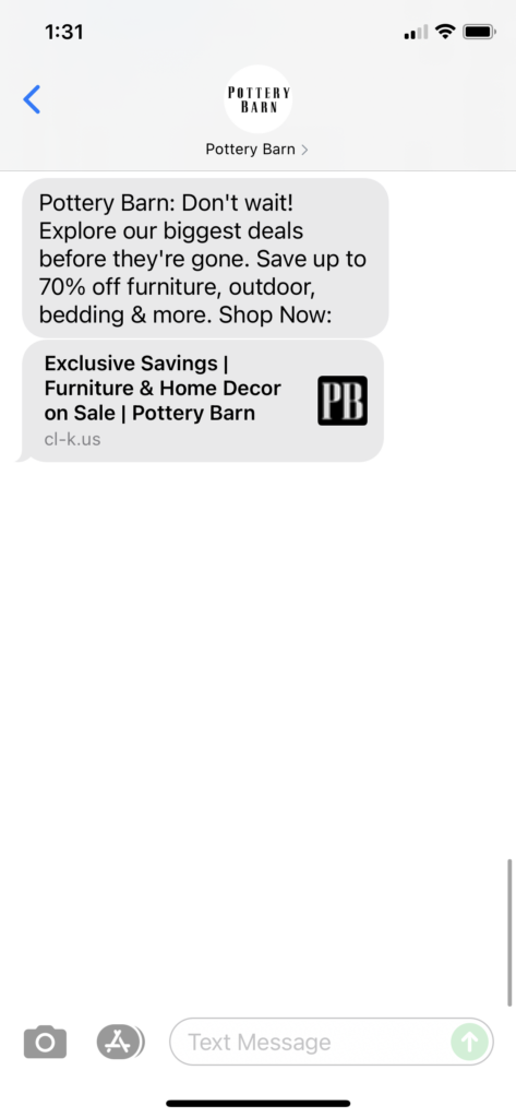 Pottery Barn Text Message Marketing Example - 09.03.2021