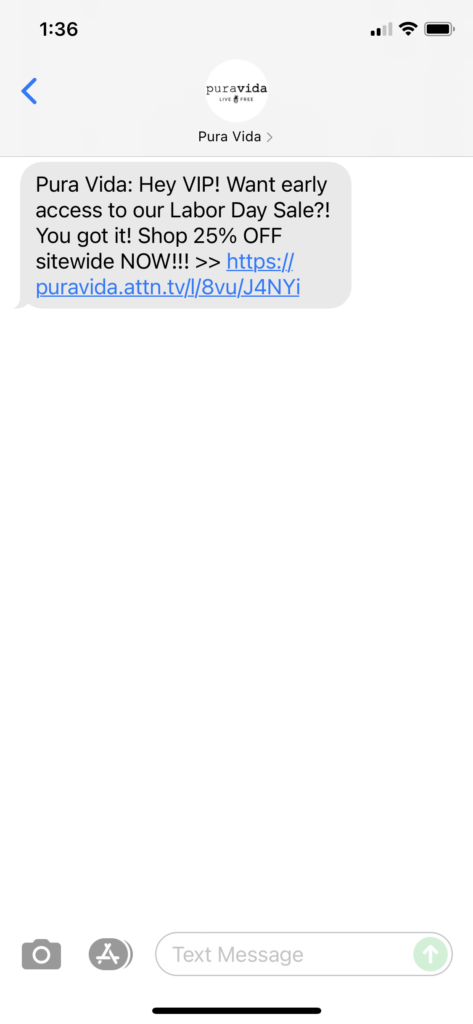 Pura Vida Text Message Marketing Example - 09.02.2021