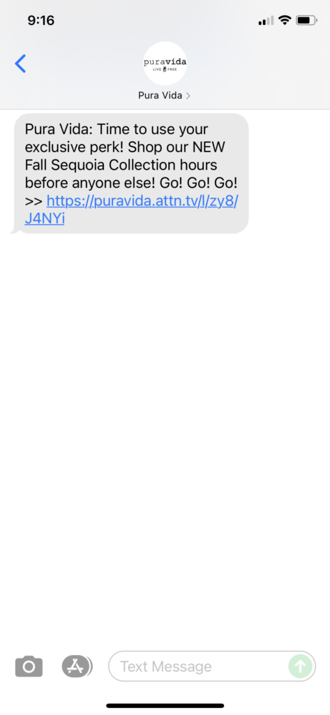 Pura Vida Text Message Marketing Example - 09.14.2021