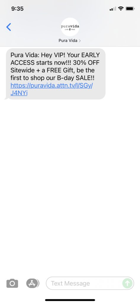 Pura Vida Text Message Marketing Example - 09.23.2021