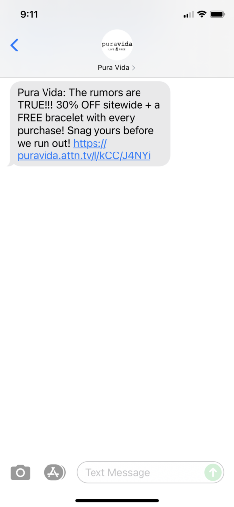 Pura Vida Text Message Marketing Example - 09.25.2021