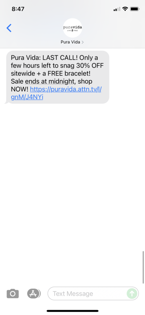Pura Vida Text Message Marketing Example - 09.26.2021