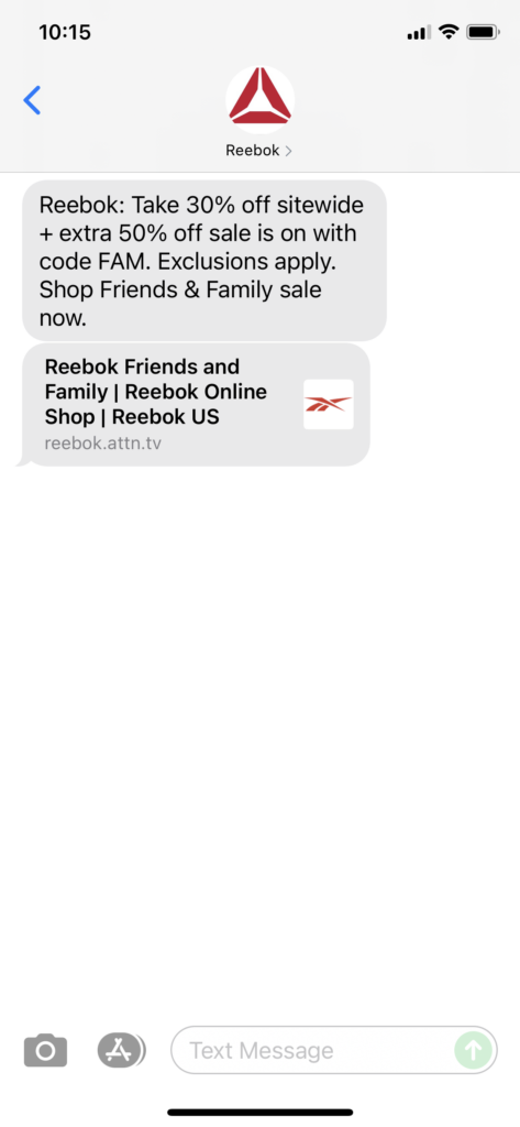 Reebok Text Message Marketing Example - 09.23.2021