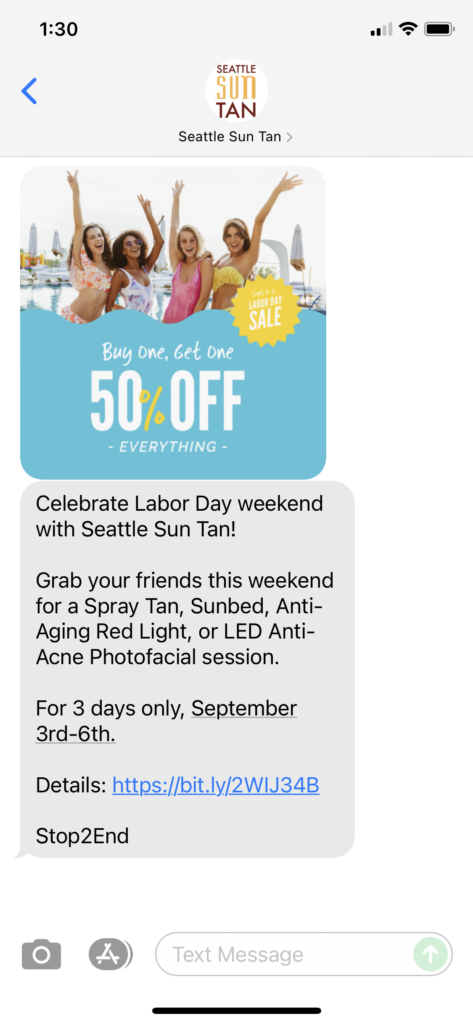 Seattle Sun Tan Text Message Marketing Example - 09.03.2021