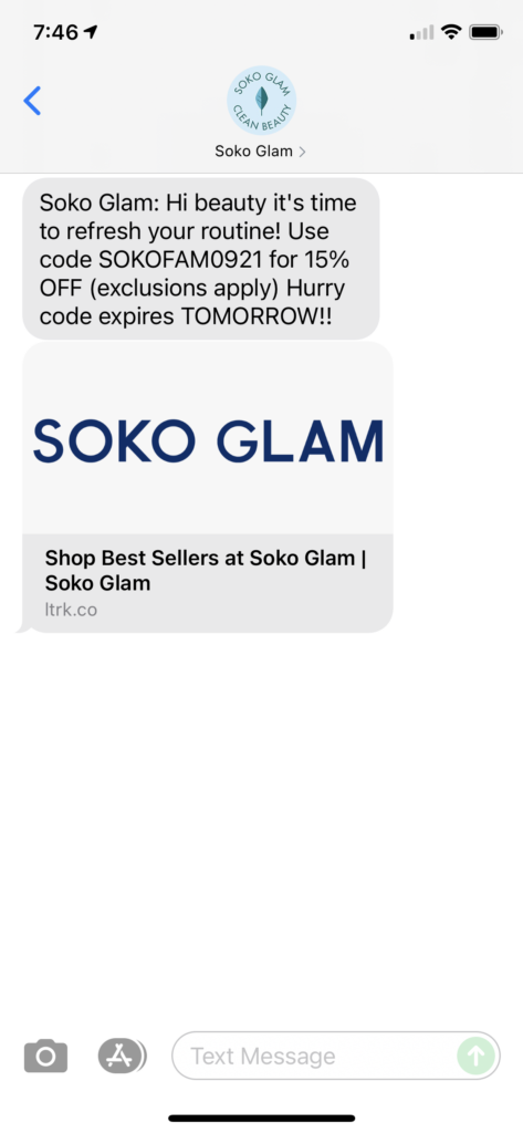 Soko Glam Text Message Marketing Example - 09.10.2021