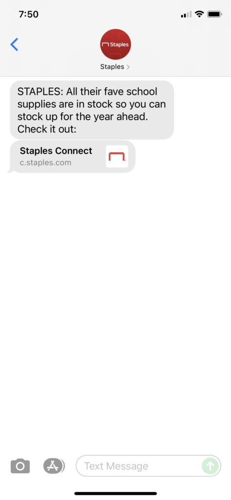 Staples Text Message Marketing Example - 09.10.2021