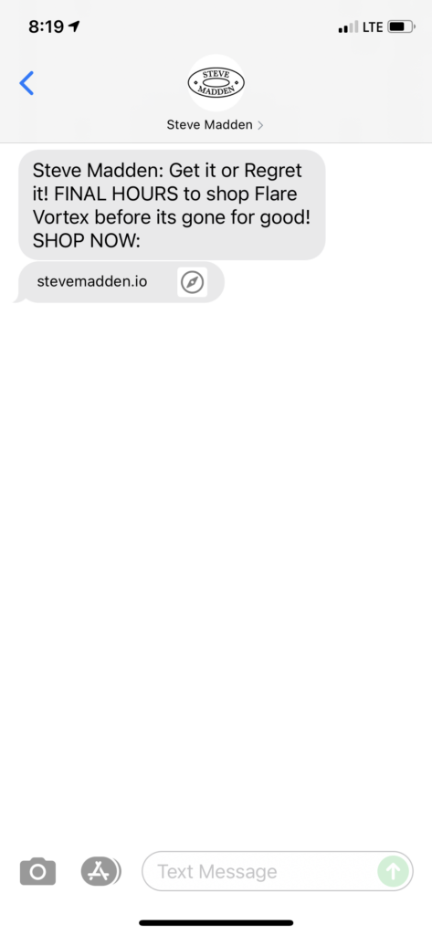 Steve Madden Text Message Marketing Example - 08.24.2021