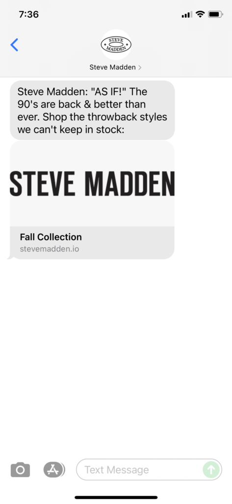 Steve Madden Text Message Marketing Example - 09.18.2021