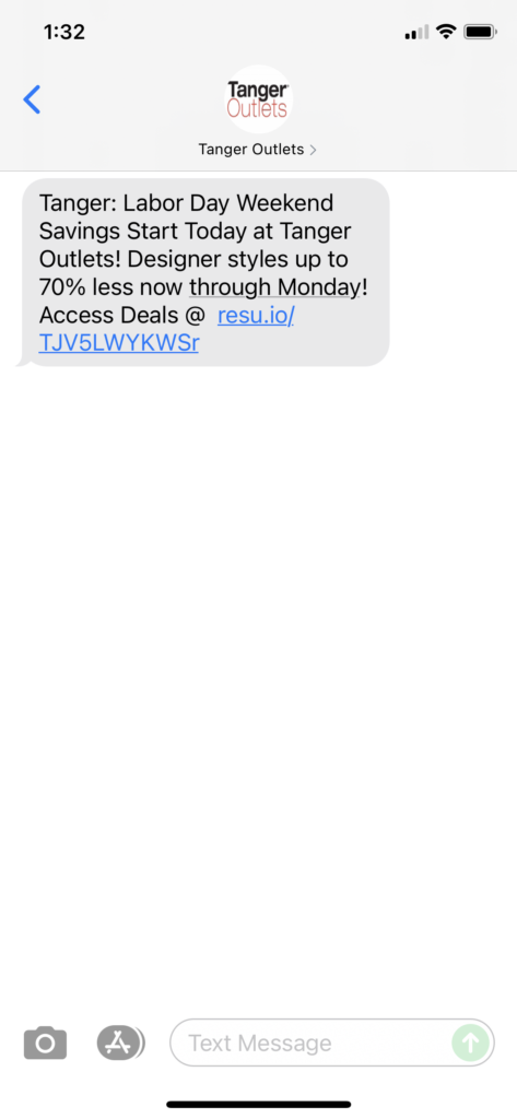 Tanger Outlets Text Message Marketing Example - 09.03.2021