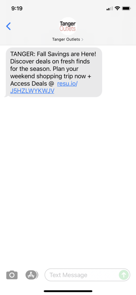 Tanger Outlets Text Message Marketing Example - 09.24.2021