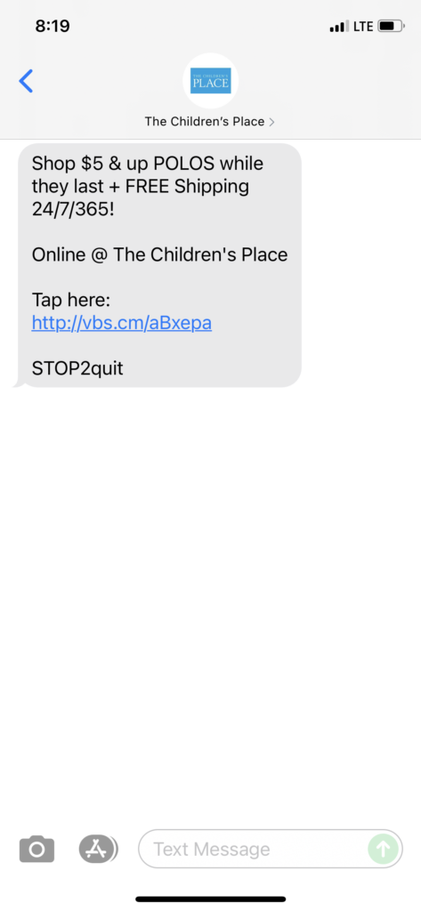 The Children's Place Text Message Marketing Example - 08.24.2021