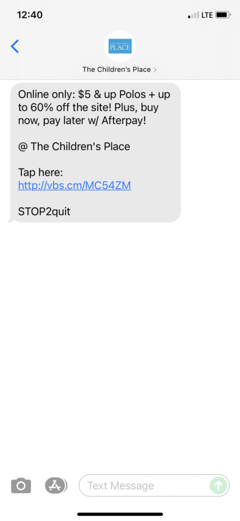 The Children's Place Text Message Marketing Example - 08.28.2021