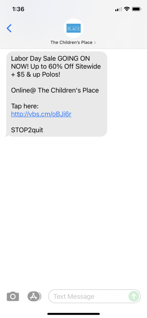 The Children's Place Text Message Marketing Example - 09.02.2021