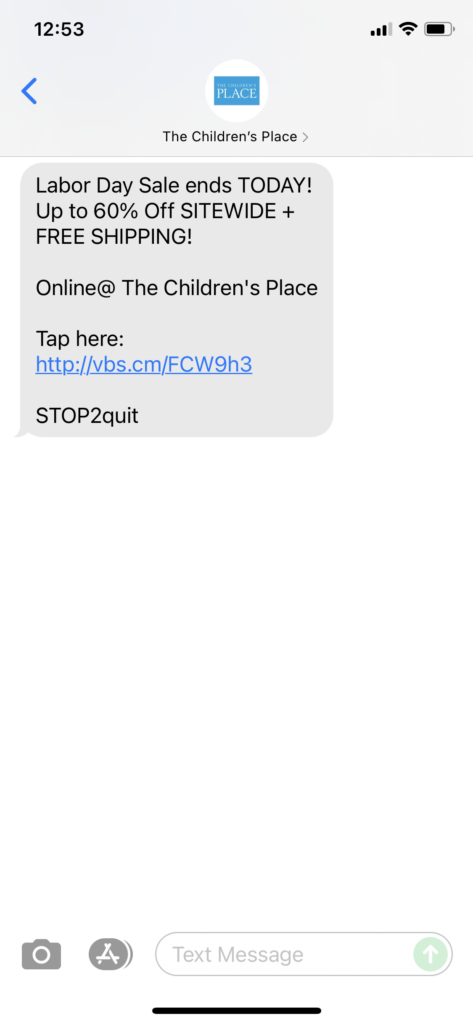 The Children's Place Text Message Marketing Example - 09.06.2021