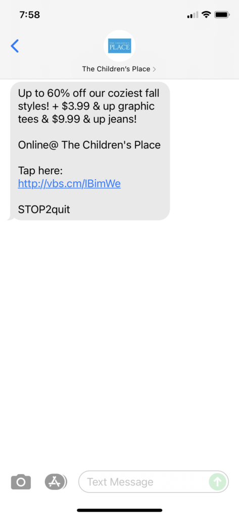 The Children's Place Text Message Marketing Example - 09.09.2021