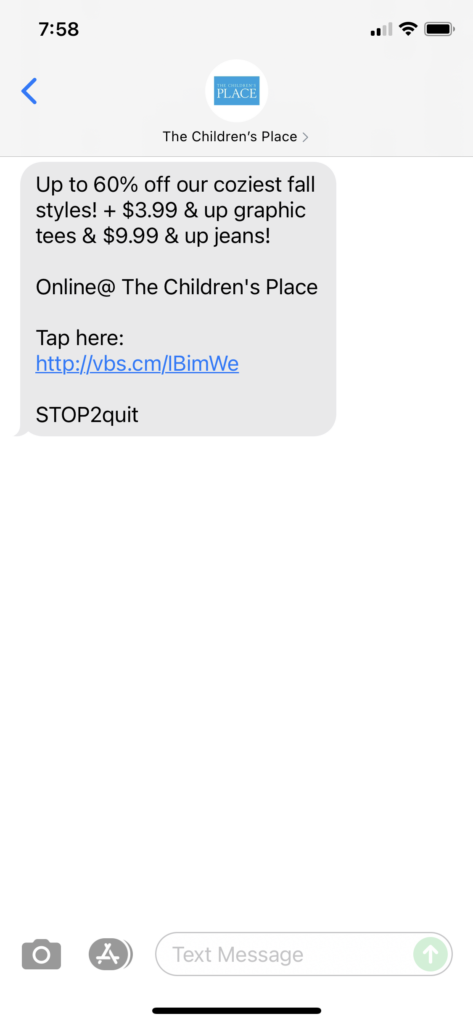 The Children's Place Text Message Marketing Example - 09.11.2021