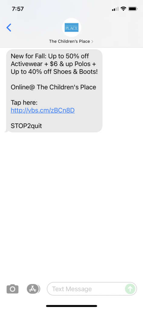 The Children's Place Text Message Marketing Example - 09.11.2021