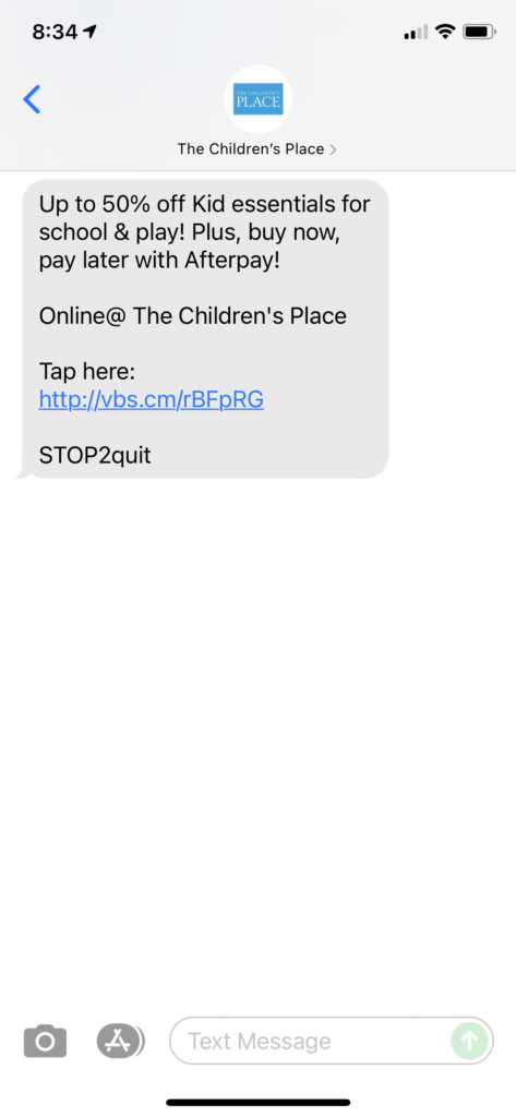 The Children's Place Text Message Marketing Example - 09.16.2021