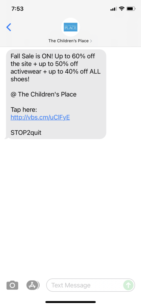 The Children's Place Text Message Marketing Example - 09.21.2021